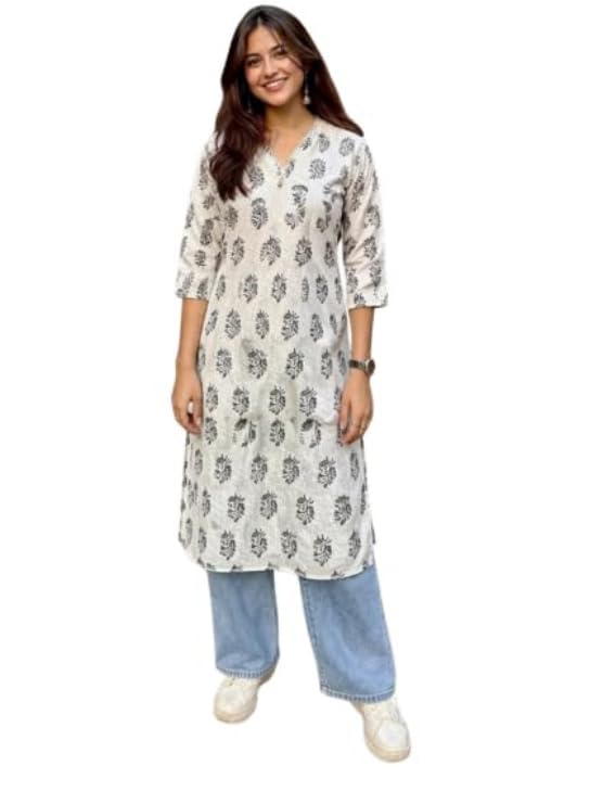 Viscose Rayon Single Long Kurti for Women | A-Line Kurta | V Neck Tunic for Women | 3/4 Sleeve Straight Kurta | White