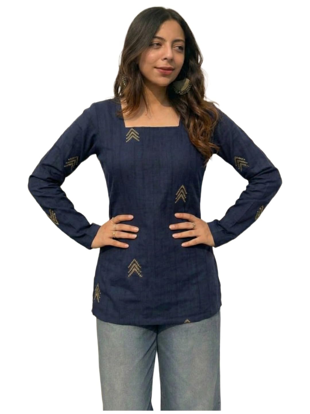 ANNI Designer Women’s Viscose Printed Short Kurti | Straight Fit Ethnic Top with Square Neck | Bell Sleeve Casual Indian Kurta for Office College, Party