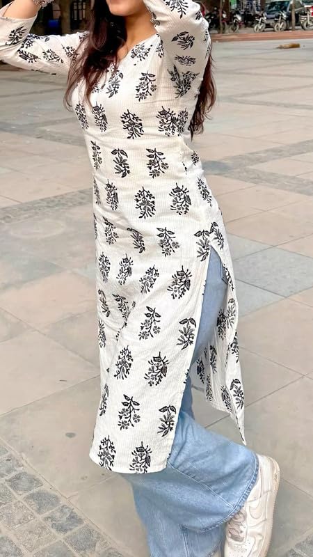 Viscose Rayon Single Long Kurti for Women | A-Line Kurta | V Neck Tunic for Women | 3/4 Sleeve Straight Kurta | White