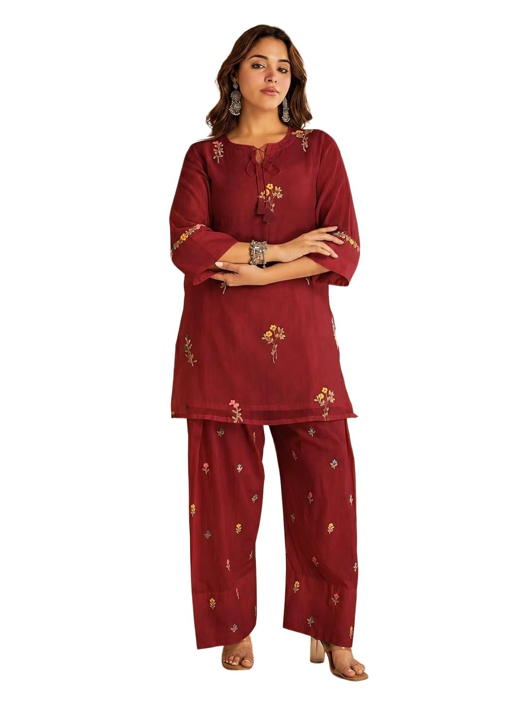 ANNI Designer Farshi Salwar Suit for Women Viscose Embroidered | Co Ord Set for Woman | Straight Kurta Palazzo Outfit Round Neck V Slit 3/4 Sleeve Ethnic Dress Womens Clothing
