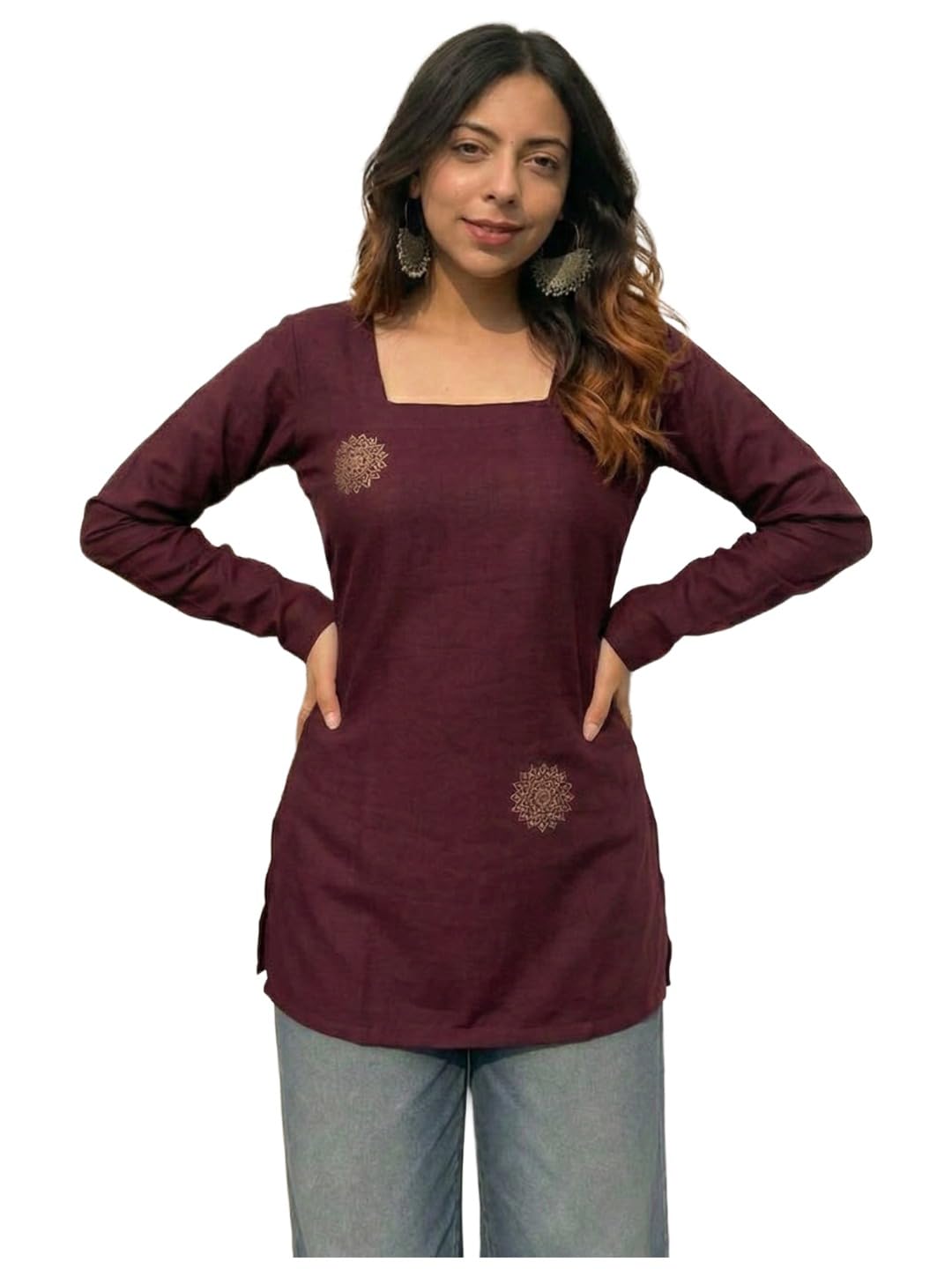 ANNI Designer Women’s Viscose Printed Short Kurti | Straight Fit Ethnic Top with Square Neck | Bell Sleeve Casual Indian Kurta for Office College, Party