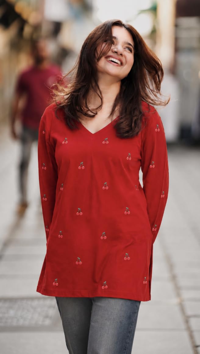 Yousafzai Brand Women's Rayon Embroidered Short Kurti | V-Neck | Full Sleeve | Cherry Embroidery | Regular Fit | Casual, Office & College Wear Top for Women (Red/White/Black)