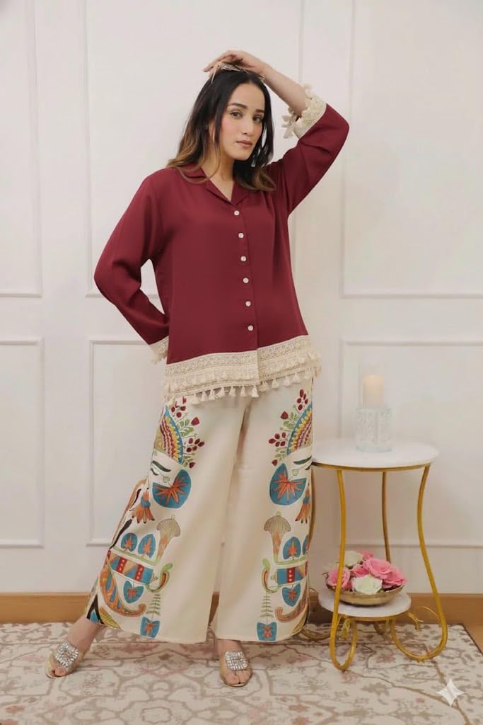 Co Ord Set for Women Stylish Card Set Dress for Women Trendy Top with Plazo Pant Ladies Coord Outfit Modern Wear for Travel Office Casual Look Premium Two Piece Clothing Style