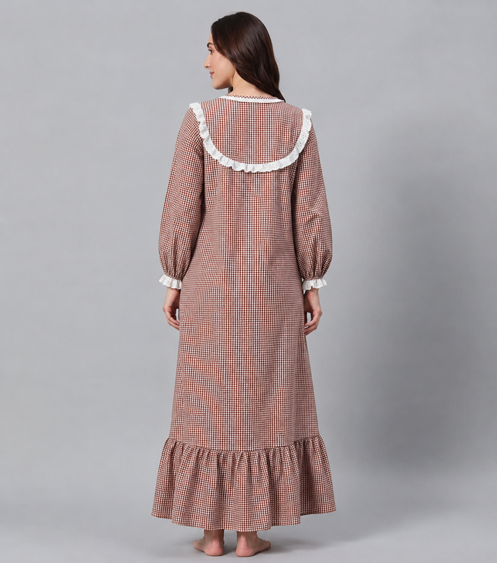 Nomad - Brown Checked Pure Cotton Maxi Nightdress