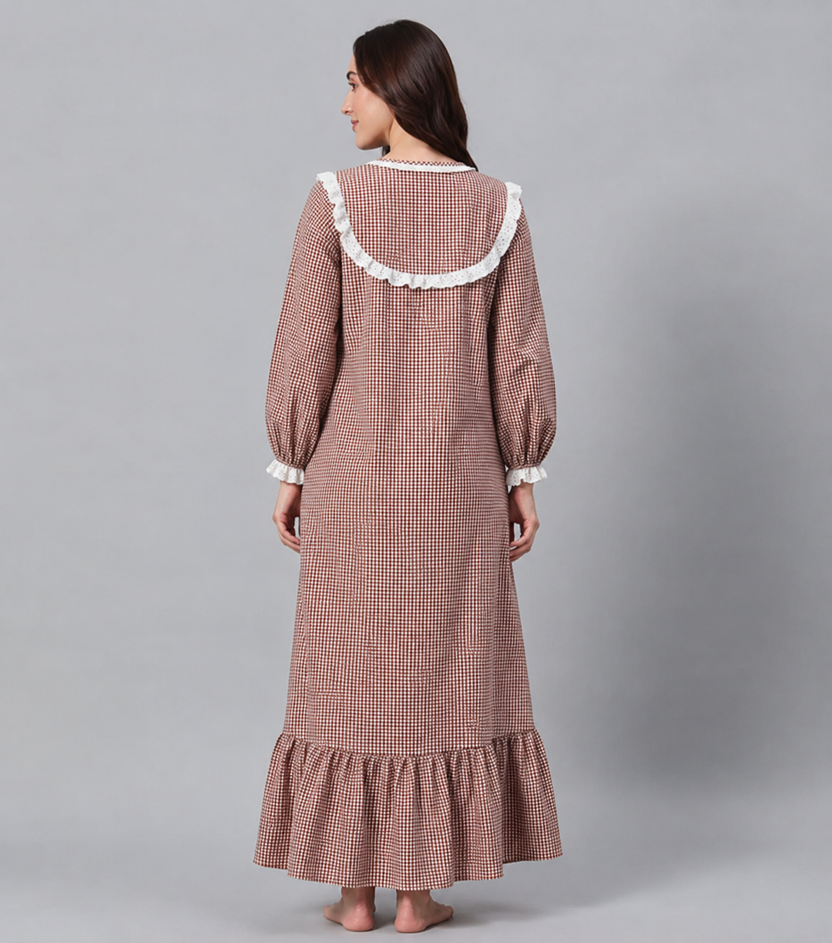 Nomad - Brown Checked Pure Cotton Maxi Nightdress