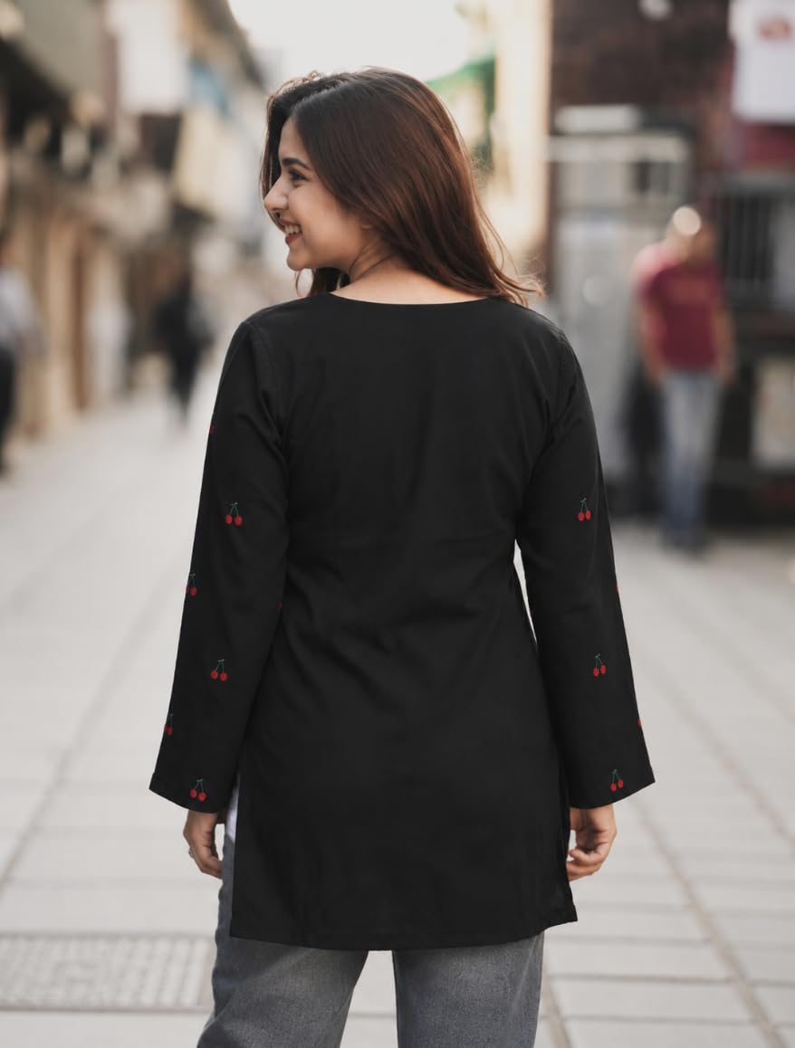 Yousafzai Brand Women's Rayon Embroidered Short Kurti | V-Neck | Full Sleeve | Cherry Embroidery | Regular Fit | Casual, Office & College Wear Top for Women (Red/White/Black)