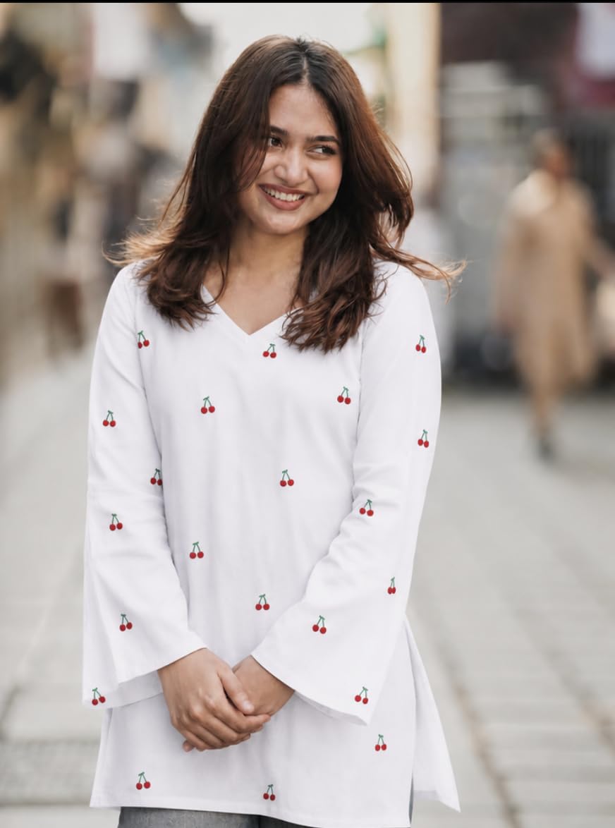 Yousafzai Brand Women's Rayon Embroidered Short Kurti | V-Neck | Full Sleeve | Cherry Embroidery | Regular Fit | Casual, Office & College Wear Top for Women (Red/White/Black)