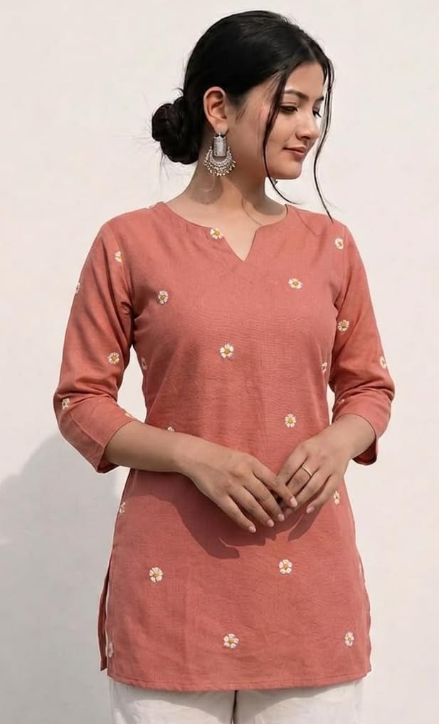 Women Peach Embroidered Cotton Short Kurti | Casual Office & College Kurti Top for Girls