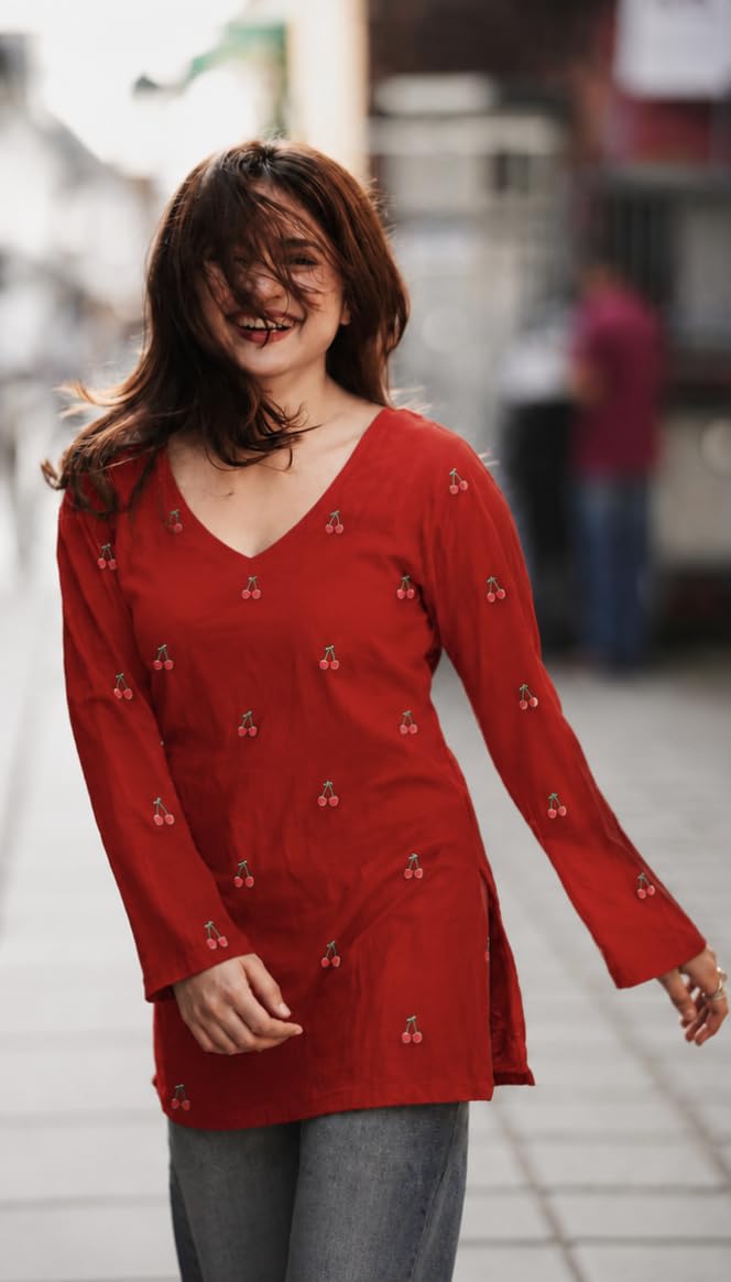 Yousafzai Brand Women's Rayon Embroidered Short Kurti | V-Neck | Full Sleeve | Cherry Embroidery | Regular Fit | Casual, Office & College Wear Top for Women (Red/White/Black)