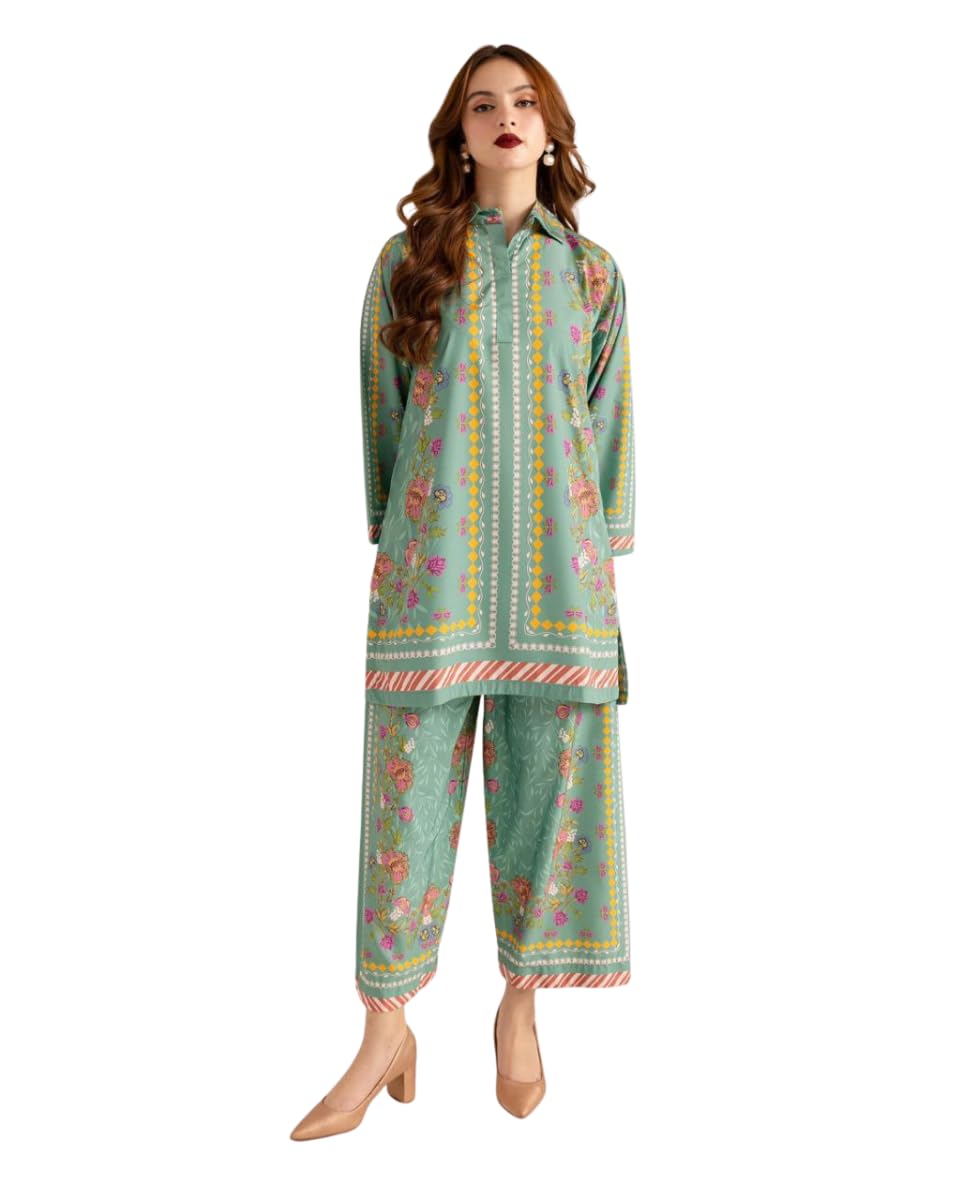Modestouze Attires Cord Set for Women Cotton Stylish Poly Rayon Long Sleeves Turkish Co Ord Mandarin Neck Floral Print Western Co Order Set for Women, Wear as Office Coat, Travel Coord, Cot