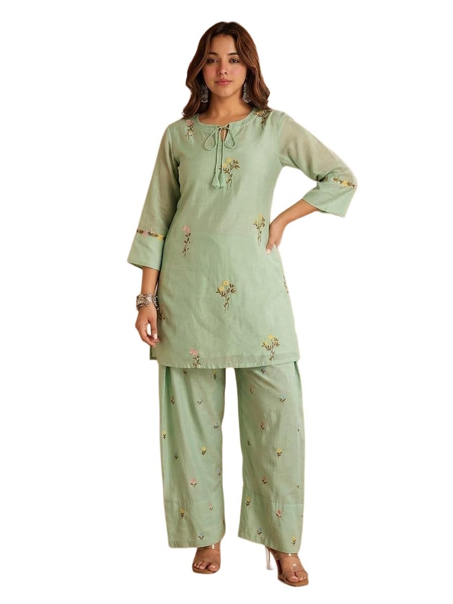 ANNI Designer Farshi Salwar Suit for Women Viscose Embroidered | Co Ord Set for Woman | Straight Kurta Palazzo Outfit Round Neck V Slit 3/4 Sleeve Ethnic Dress Womens Clothing