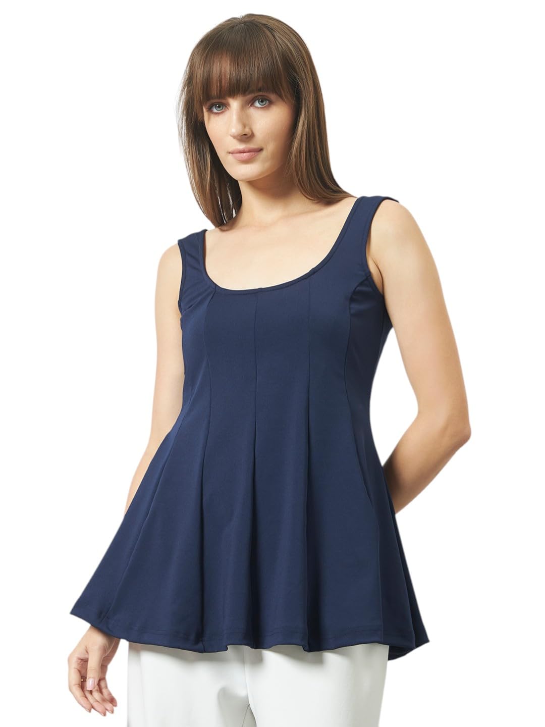 Trend Arrest.ed Women's Polyester Sculpt Flare Top | Stretchable Sleeveless Fit & Flare Blouse with Scoop Back