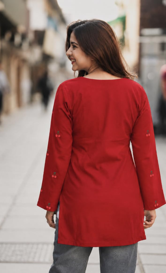 Yousafzai Brand Women's Rayon Embroidered Short Kurti | V-Neck | Full Sleeve | Cherry Embroidery | Regular Fit | Casual, Office & College Wear Top for Women (Red/White/Black)