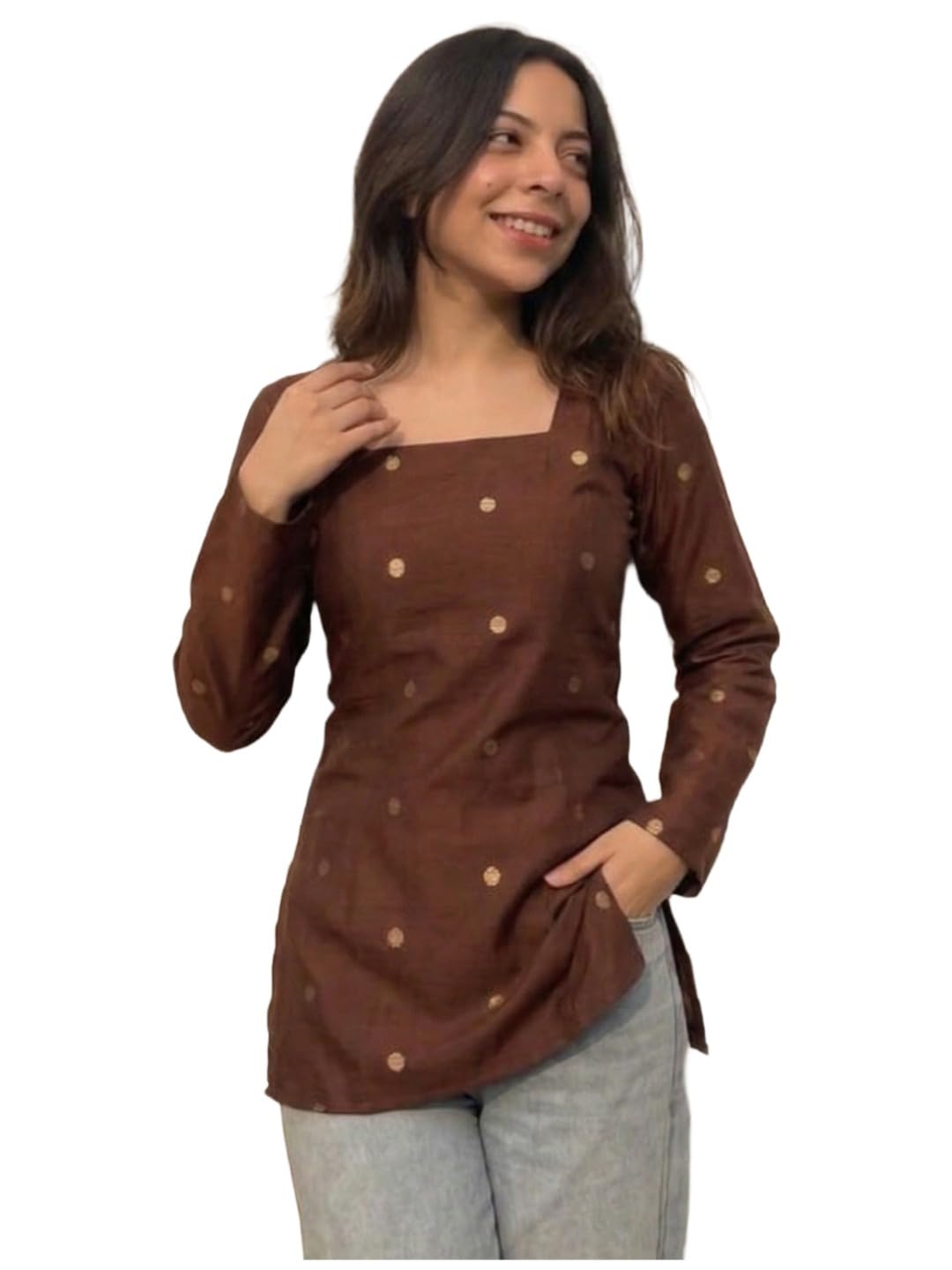 ANNI Designer Women’s Viscose Printed Short Kurti | Straight Fit Ethnic Top with Square Neck | Bell Sleeve Casual Indian Kurta for Office College, Party
