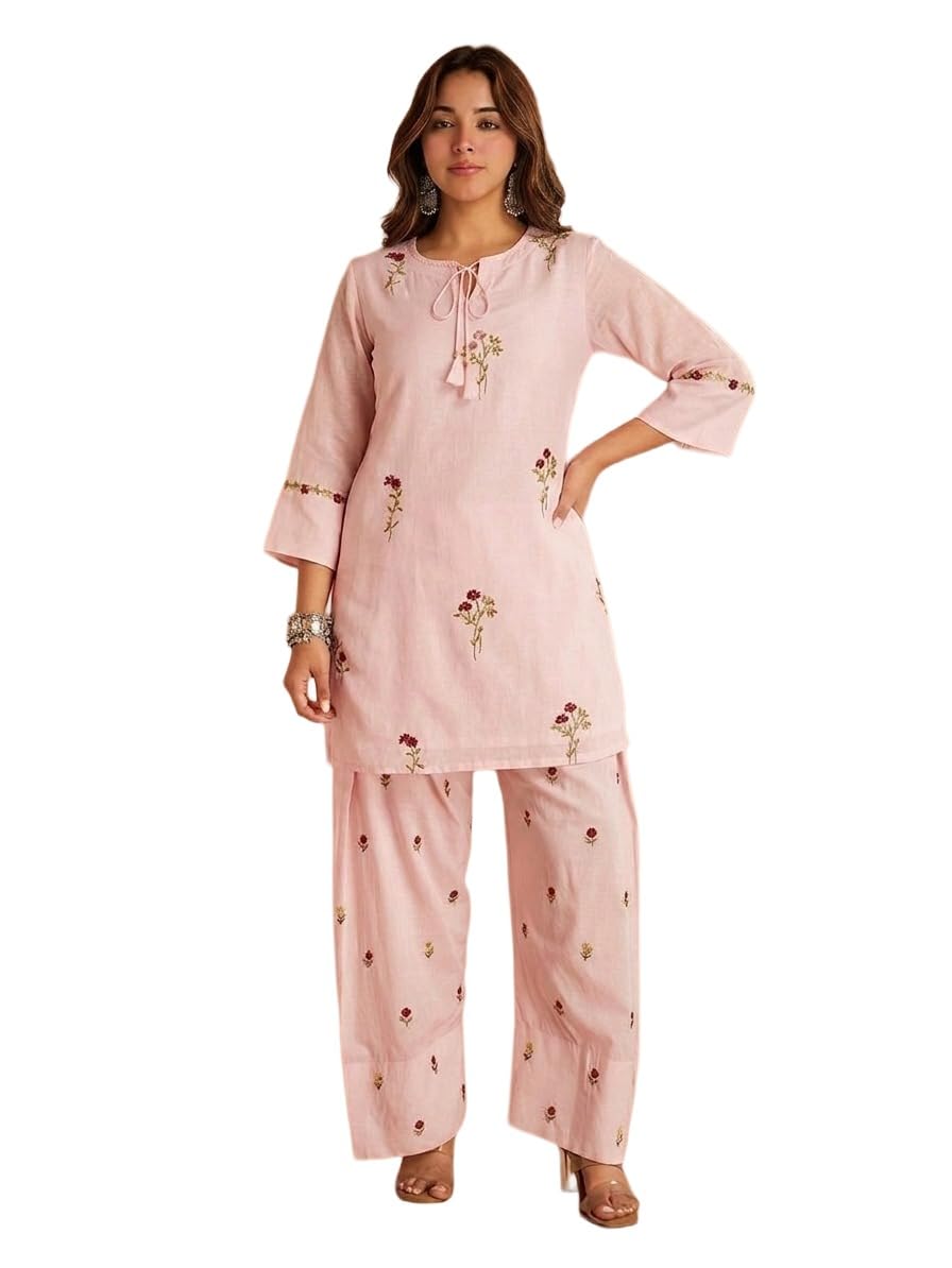 ANNI Designer Farshi Salwar Suit for Women Viscose Embroidered | Co Ord Set for Woman | Straight Kurta Palazzo Outfit Round Neck V Slit 3/4 Sleeve Ethnic Dress Womens Clothing