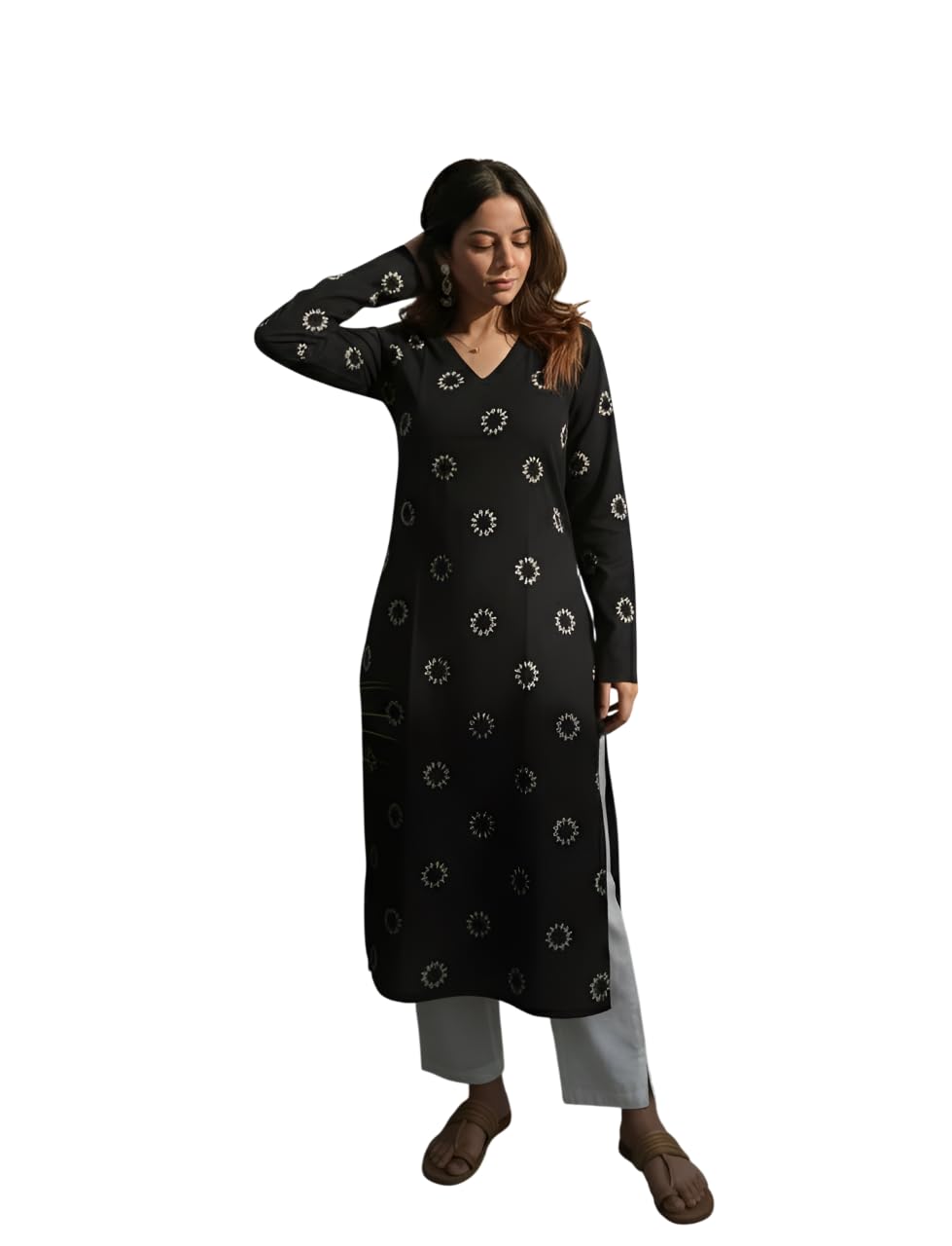 SAICHA Women's Rayon Printed Long Kurti, Black, Full Sleeve, Ankle Length