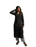 SAICHA Women's Rayon Printed Long Kurti, Black, Full Sleeve, Ankle Length