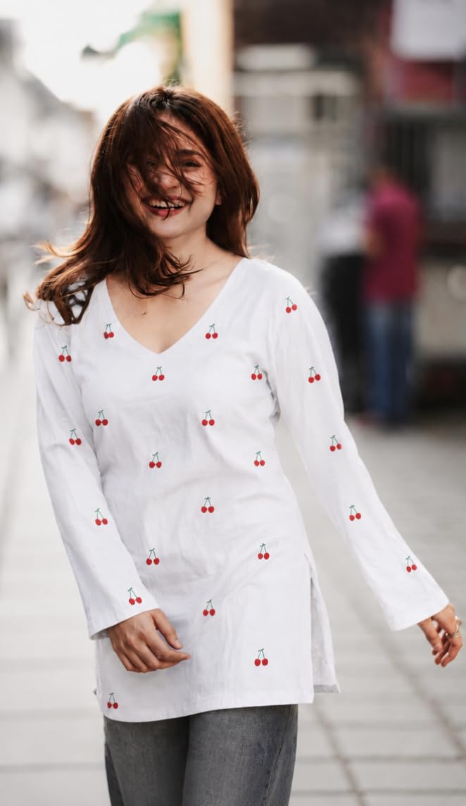 Yousafzai Brand Women's Rayon Embroidered Short Kurti | V-Neck | Full Sleeve | Cherry Embroidery | Regular Fit | Casual, Office & College Wear Top for Women (Red/White/Black)