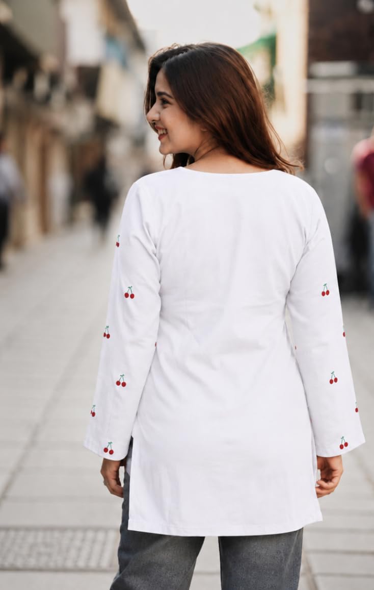 Yousafzai Brand Women's Rayon Embroidered Short Kurti | V-Neck | Full Sleeve | Cherry Embroidery | Regular Fit | Casual, Office & College Wear Top for Women (Red/White/Black)