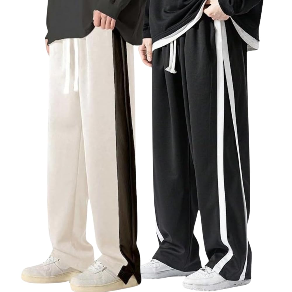 GRECIILOOKS Men Casual Trouser | Men’s Wide Leg Track Pants with Contrast Side Panel | Relaxed Drawstring Fit Streetwear Trousers | Loose Fit Joggers for Man