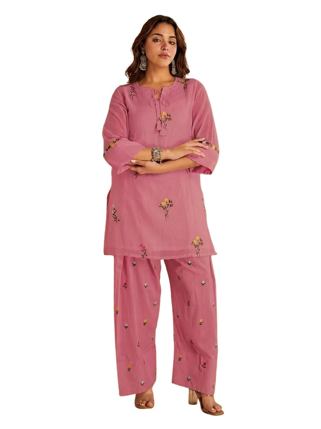ANNI Designer Farshi Salwar Suit for Women Viscose Embroidered | Co Ord Set for Woman | Straight Kurta Palazzo Outfit Round Neck V Slit 3/4 Sleeve Ethnic Dress Womens Clothing