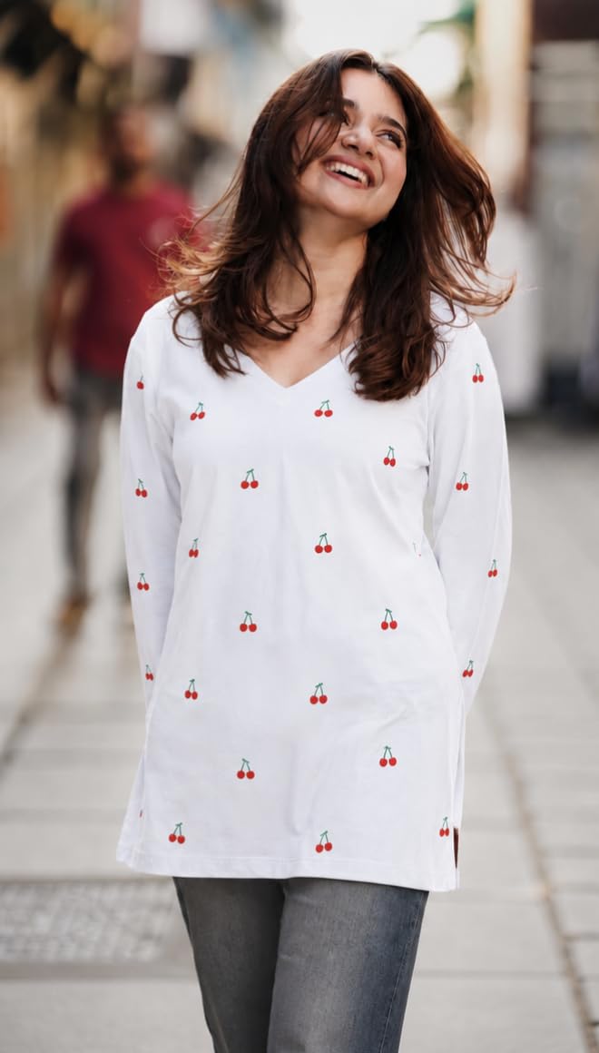Yousafzai Brand Women's Rayon Embroidered Short Kurti | V-Neck | Full Sleeve | Cherry Embroidery | Regular Fit | Casual, Office & College Wear Top for Women (Red/White/Black)