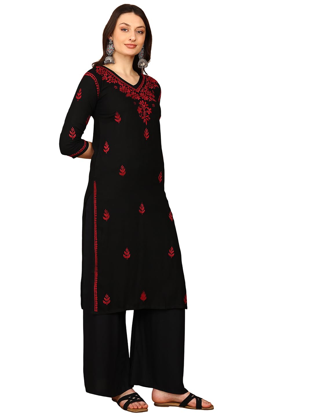 Vahson Women Black & Red Floral Hand Embroidered Chikankari Straight Kurta Kurti