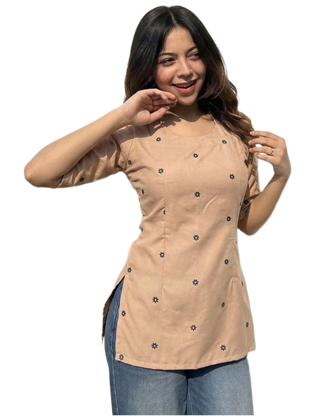 ANNI Designer Women’s Viscose Printed Short Kurti | Straight Fit Ethnic Top with Square Neck | Bell Sleeve Casual Indian Kurta for Office College, Party
