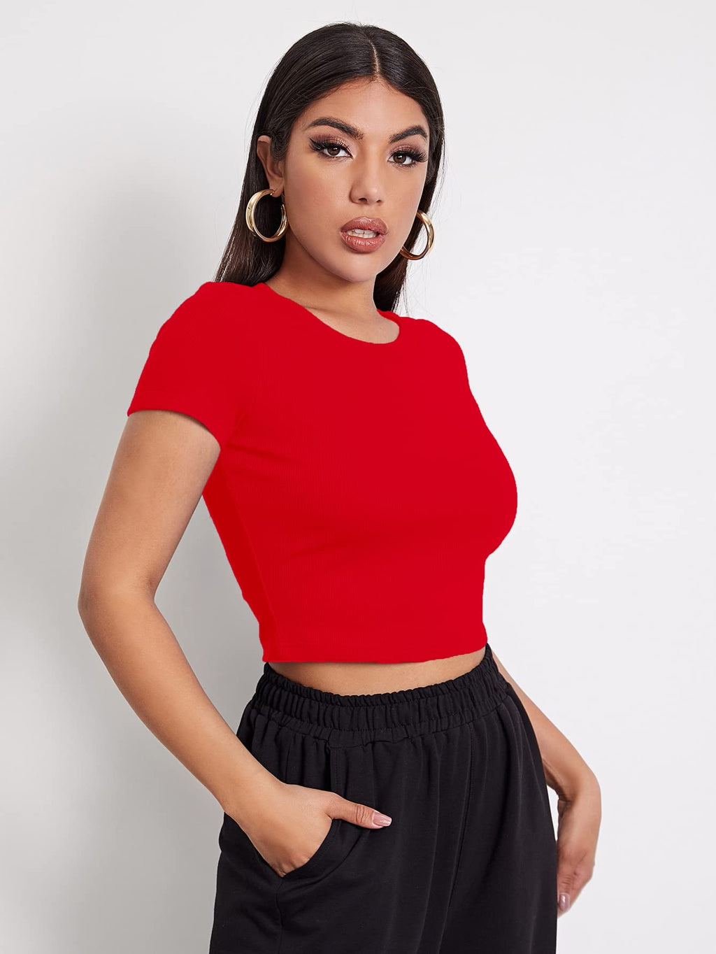 Aahwan Black Solid Ribbed Slim Fit Baby Tee Crop Top for Women's & Girls' (116_Black-L)