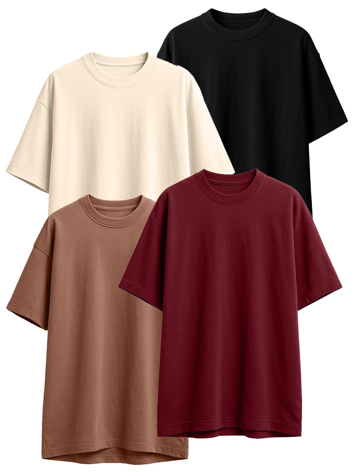 JUNEBERRY® 100% Pure Cotton Oversized Loose Fit Half Sleeve Drop Shoulder Solid Core Round Neck Multicolor T-Shirt Combo for Women (Pack of 4) (Colors: Black, White, Swanwhite, Brown, Lilac & Maroon)