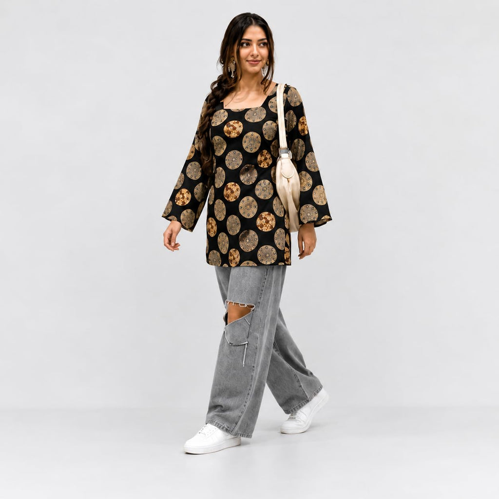SONISHA Women's Rayon Floral Print Short Kurti for Women Elegance Square Neck, Long Sleeves with Style Criss Cross Back Kurti, Top for Office Wear, Casual, Outdoor