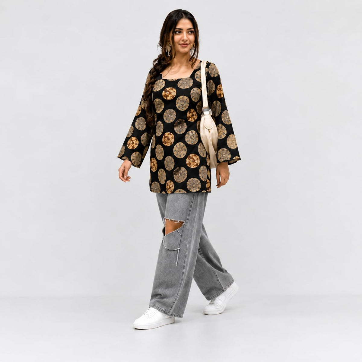 SONISHA Women's Rayon Floral Print Short Kurti for Women Elegance Square Neck, Long Sleeves with Style Criss Cross Back Kurti, Top for Office Wear, Casual, Outdoor