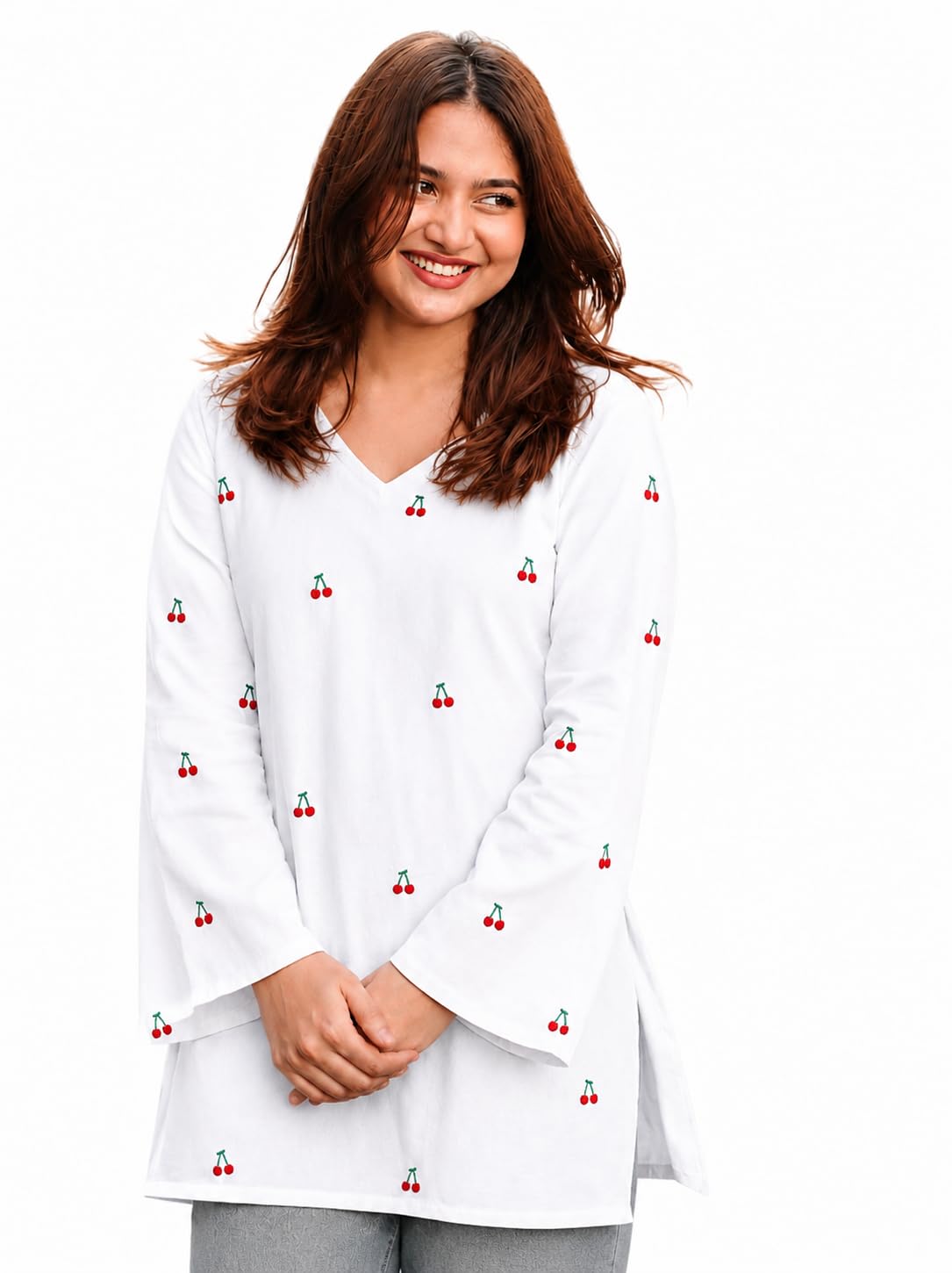 Yousafzai Brand Women's Rayon Embroidered Short Kurti | V-Neck | Full Sleeve | Cherry Embroidery | Regular Fit | Casual, Office & College Wear Top for Women (Red/White/Black)