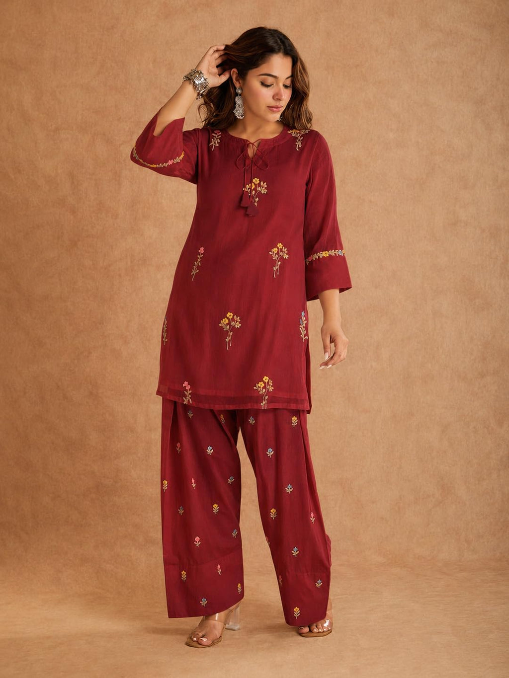 ANNI Designer Farshi Salwar Suit for Women Viscose Embroidered | Co Ord Set for Woman | Straight Kurta Palazzo Outfit Round Neck V Slit 3/4 Sleeve Ethnic Dress Womens Clothing