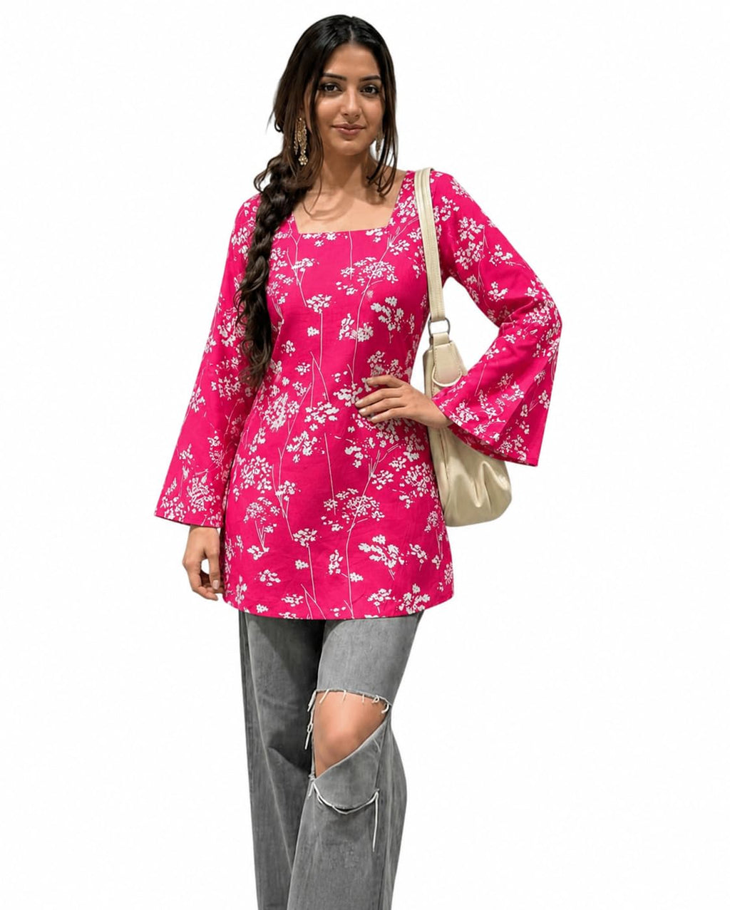 SONISHA Women's Rayon Floral Print Short Kurti for Women Elegance Square Neck, Long Sleeves with Style Criss Cross Back Kurti, Top for Office Wear, Casual, Outdoor
