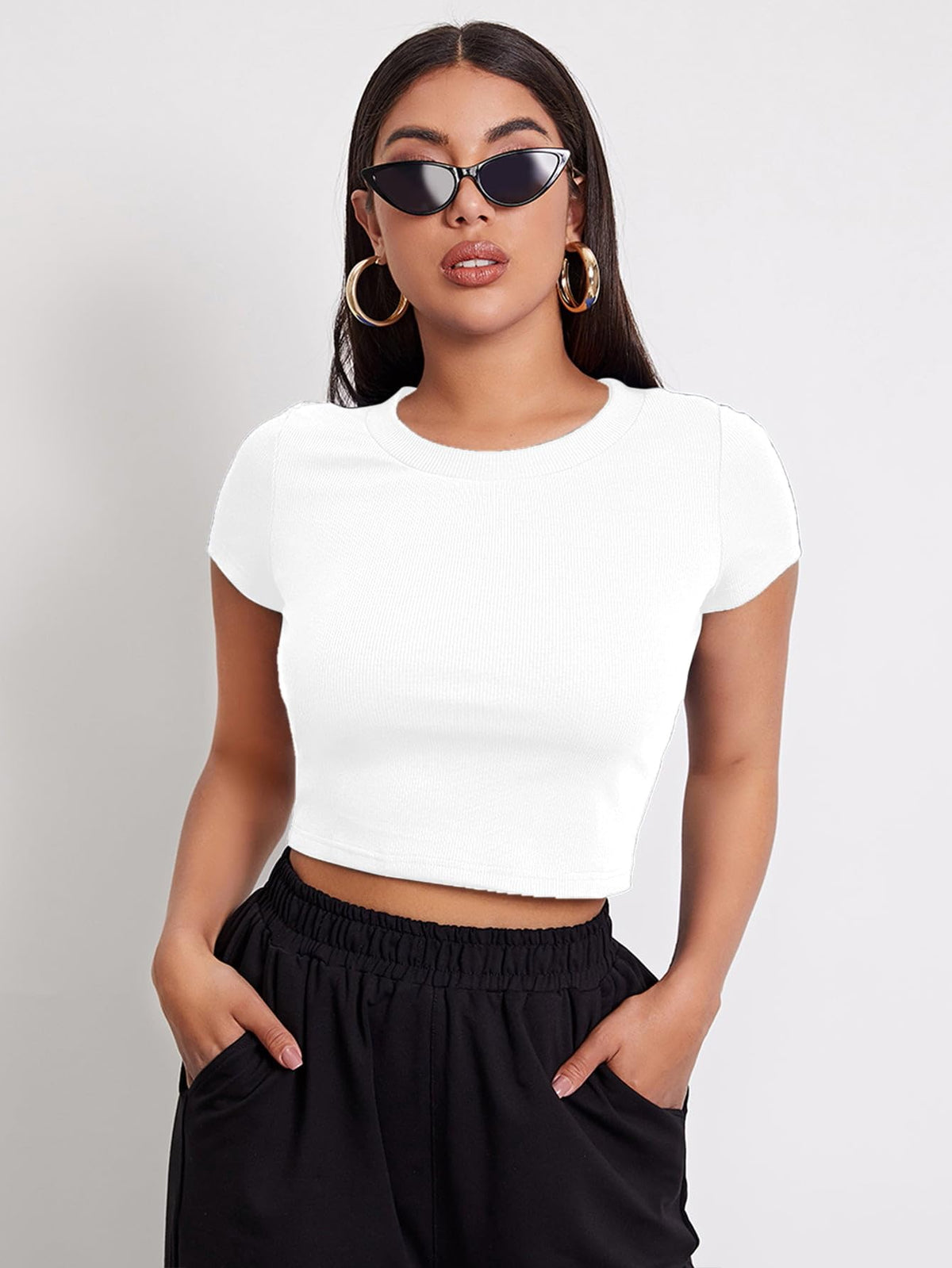Aahwan Black Solid Ribbed Slim Fit Baby Tee Crop Top for Women's & Girls' (116_Black-L)