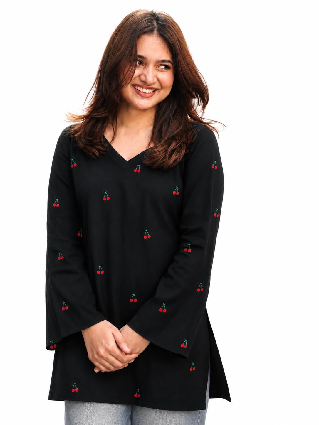 Yousafzai Brand Women's Rayon Embroidered Short Kurti | V-Neck | Full Sleeve | Cherry Embroidery | Regular Fit | Casual, Office & College Wear Top for Women (Red/White/Black)