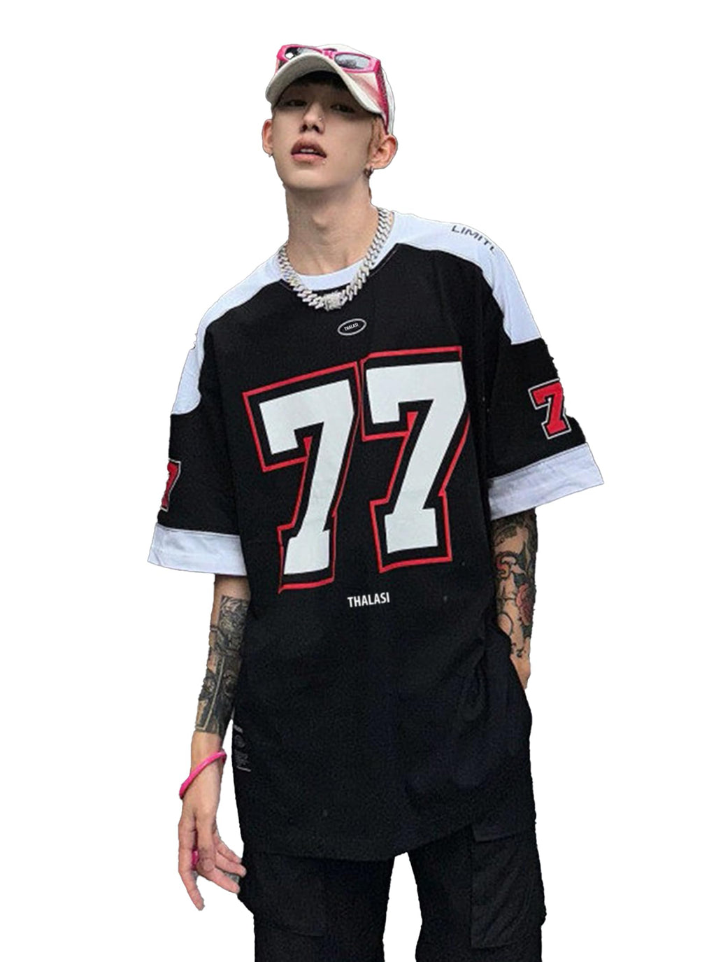 THALASI Men Cotton Jersey Aesthetic Oversized T shirts for Men | Sports Jerseys T-shirts & Half Sleeve Round Neck Printed Tshirt for Mens - Down Shoulder Loose & Baggy Fit Korean T shirt for Man & Boy