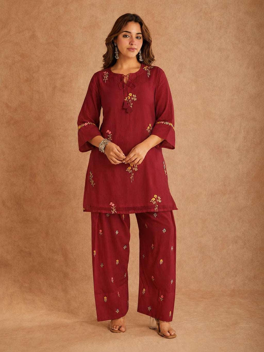 ANNI Designer Farshi Salwar Suit for Women Viscose Embroidered | Co Ord Set for Woman | Straight Kurta Palazzo Outfit Round Neck V Slit 3/4 Sleeve Ethnic Dress Womens Clothing