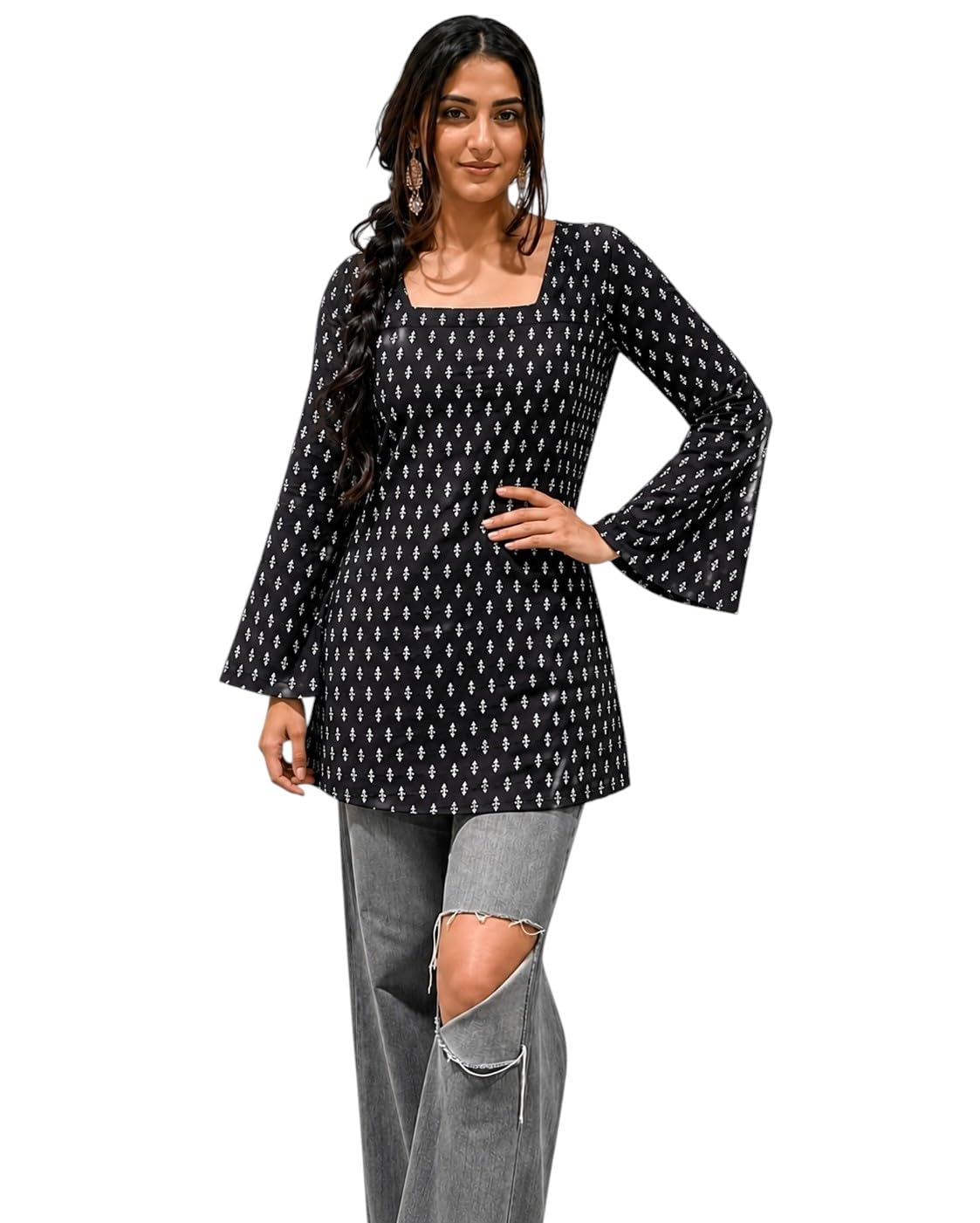 SONISHA Women's Rayon Floral Print Short Kurti for Women Elegance Square Neck, Long Sleeves with Style Criss Cross Back Kurti, Top for Office Wear, Casual, Outdoor