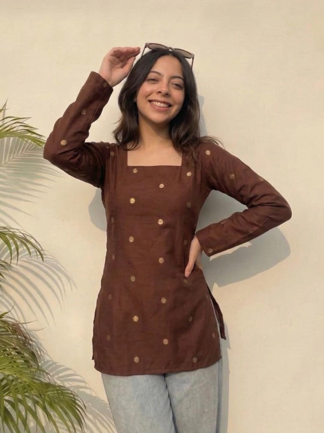ANNI Designer Women’s Viscose Printed Short Kurti | Straight Fit Ethnic Top with Square Neck | Bell Sleeve Casual Indian Kurta for Office College, Party