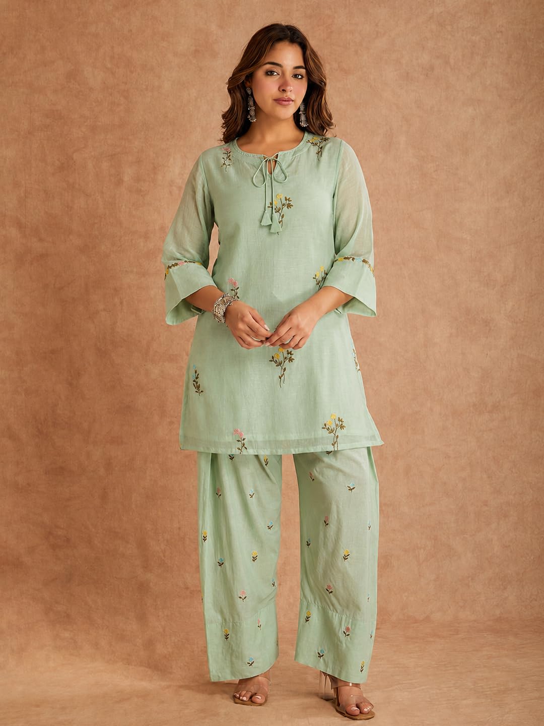 ANNI Designer Farshi Salwar Suit for Women Viscose Embroidered | Co Ord Set for Woman | Straight Kurta Palazzo Outfit Round Neck V Slit 3/4 Sleeve Ethnic Dress Womens Clothing