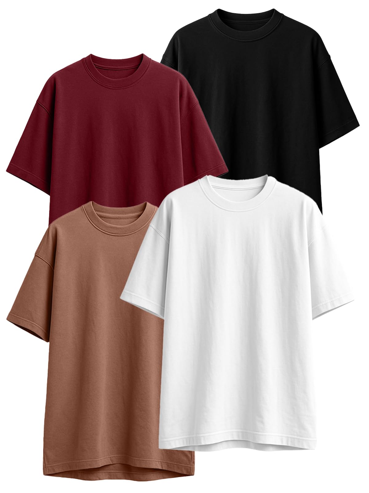 JUNEBERRY® 100% Pure Cotton Oversized Loose Fit Half Sleeve Drop Shoulder Solid Core Round Neck Multicolor T-Shirt Combo for Women (Pack of 4) (Colors: Black, White, Swanwhite, Brown, Lilac & Maroon)