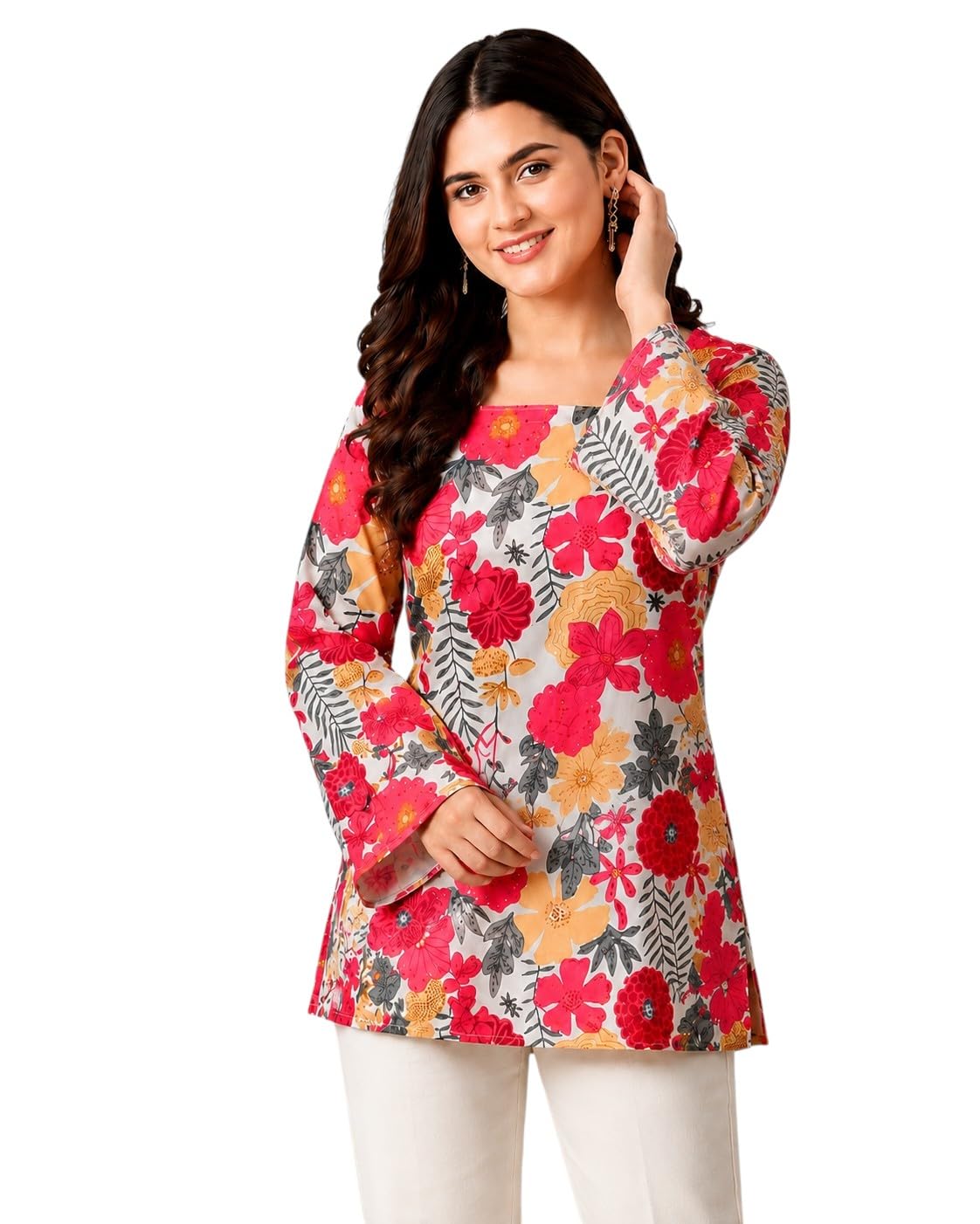 SONISHA Women's Rayon Floral Print Short Kurti for Women Elegance Square Neck, Long Sleeves with Style Criss Cross Back Kurti, Top for Office Wear, Casual, Outdoor