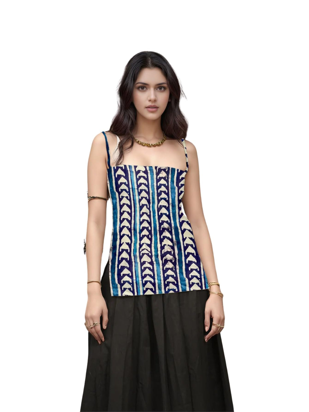 Aahwan Black Printed Square Neck Sleeveless Backless Short Indo-Western Ethnic Kurti Top for Women's & Girl's