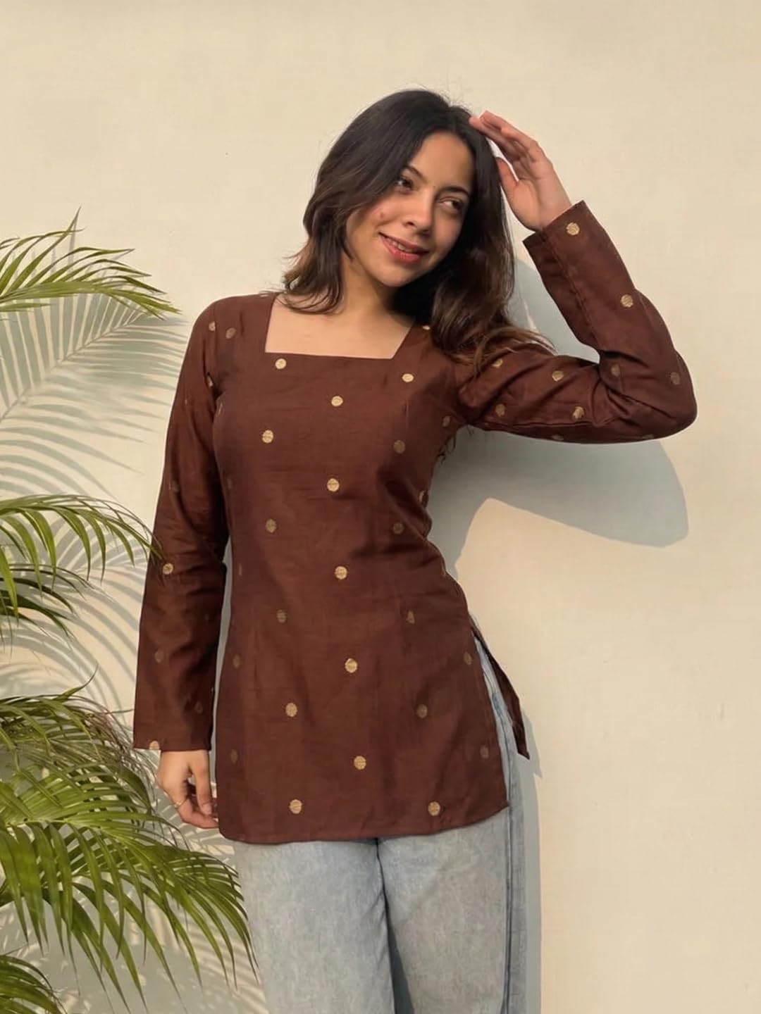 ANNI Designer Women’s Viscose Printed Short Kurti | Straight Fit Ethnic Top with Square Neck | Bell Sleeve Casual Indian Kurta for Office College, Party