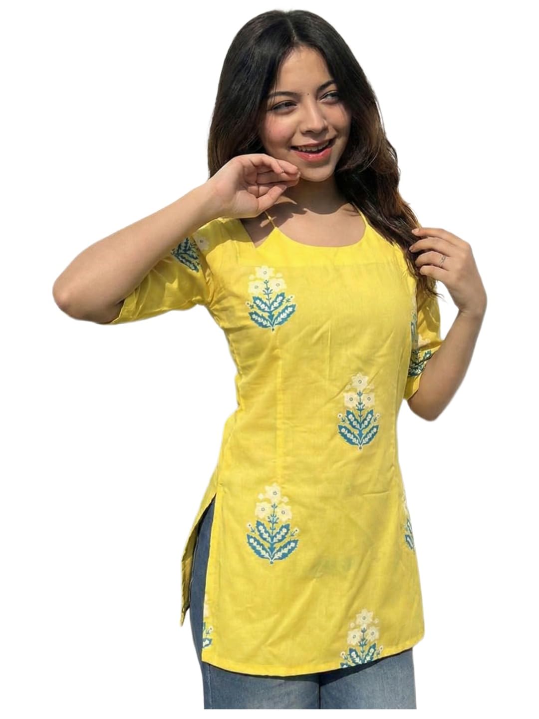 ANNI Designer Women’s Viscose Printed Short Kurti | Straight Fit Ethnic Top with Square Neck | Bell Sleeve Casual Indian Kurta for Office College, Party