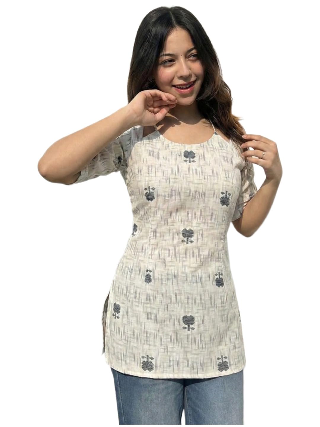 ANNI Designer Women’s Viscose Printed Short Kurti | Straight Fit Ethnic Top with Square Neck | Bell Sleeve Casual Indian Kurta for Office College, Party