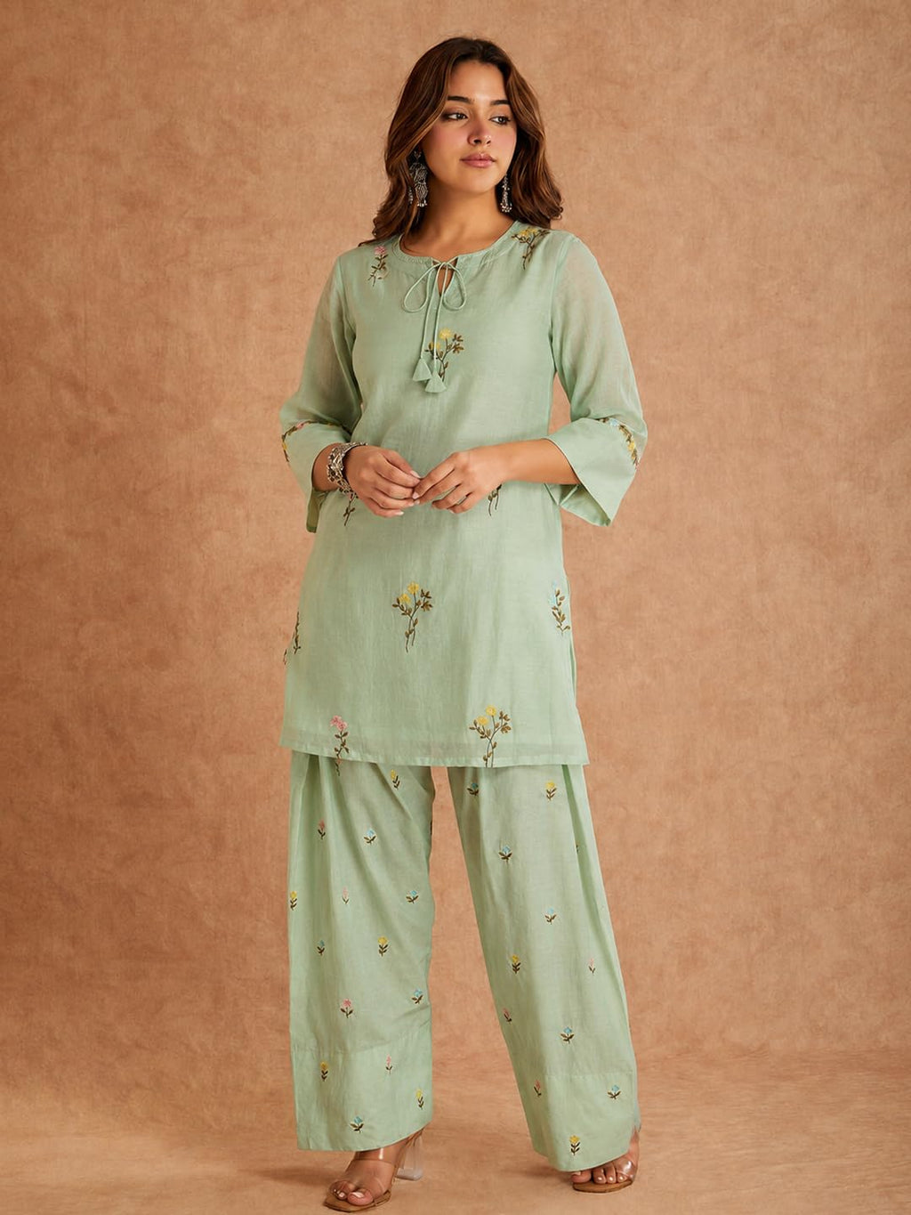 ANNI Designer Farshi Salwar Suit for Women Viscose Embroidered | Co Ord Set for Woman | Straight Kurta Palazzo Outfit Round Neck V Slit 3/4 Sleeve Ethnic Dress Womens Clothing