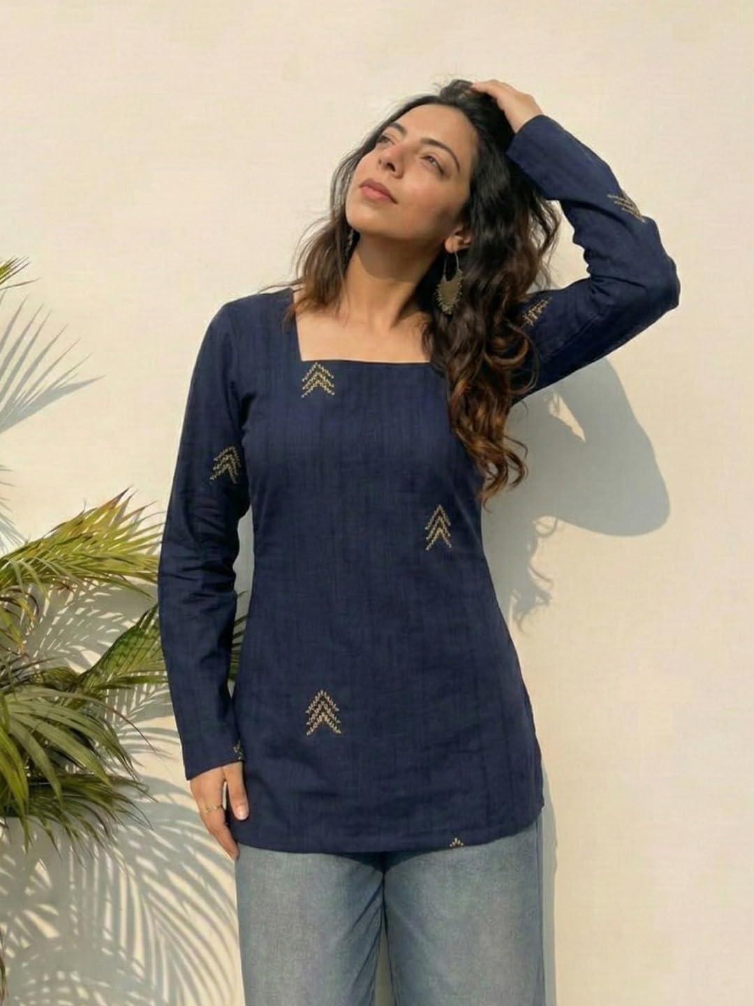 ANNI Designer Women’s Viscose Printed Short Kurti | Straight Fit Ethnic Top with Square Neck | Bell Sleeve Casual Indian Kurta for Office College, Party